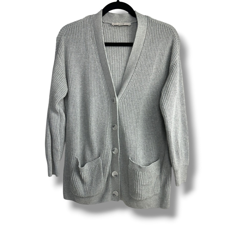 LOFT Cardigan Sweater Womens Large Gray 100% Cotton Shaker Knit Button Pocket